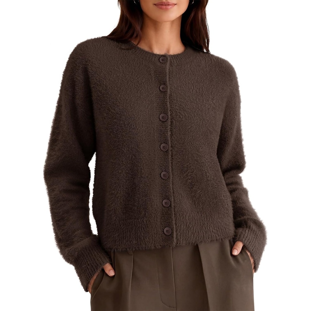 image:imageMEROKEETY Womens Fall Long Sleeve Button Fuzzy Cardigan SweaterCoffee