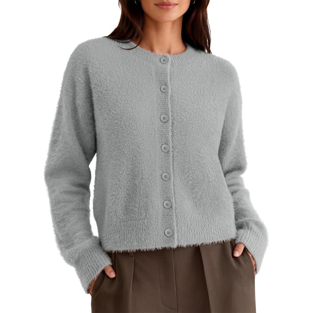 image:imageMEROKEETY Womens Fall Long Sleeve Button Fuzzy Cardigan SweaterGrey