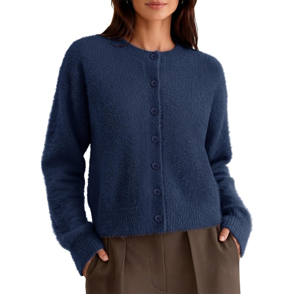 image:imageMEROKEETY Womens Fall Long Sleeve Button Fuzzy Cardigan SweaterNavy