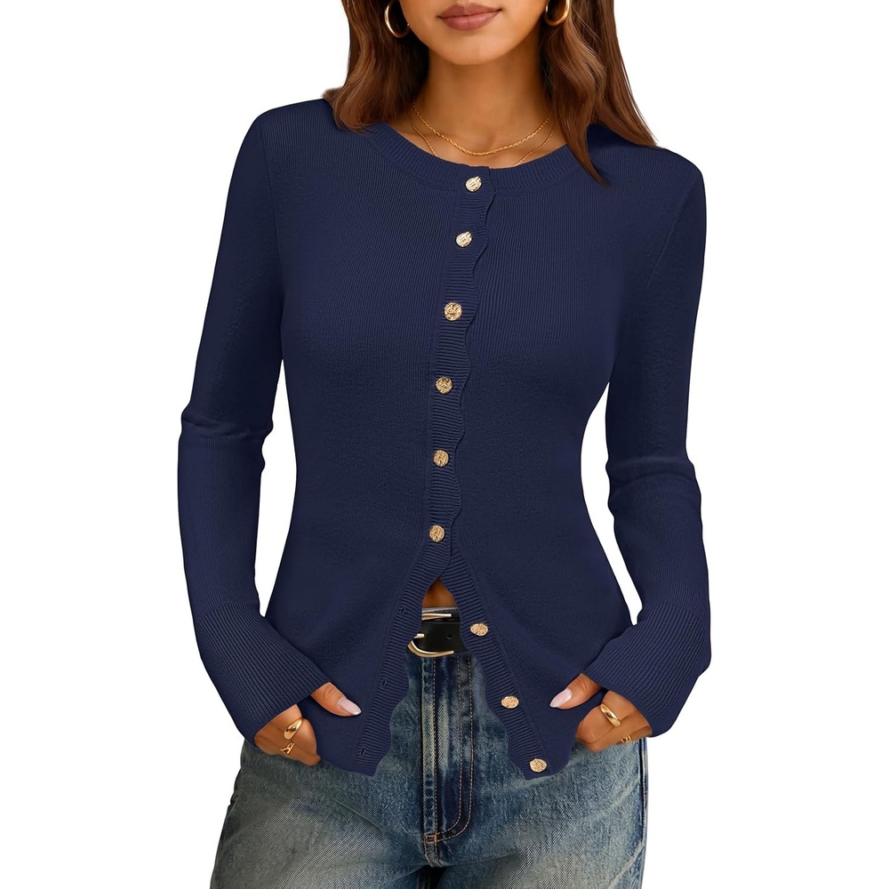 image:imageMEROKEETY Womens Long Sleeve Fall Cardigan Sweaters Knit Tops 2026Navy