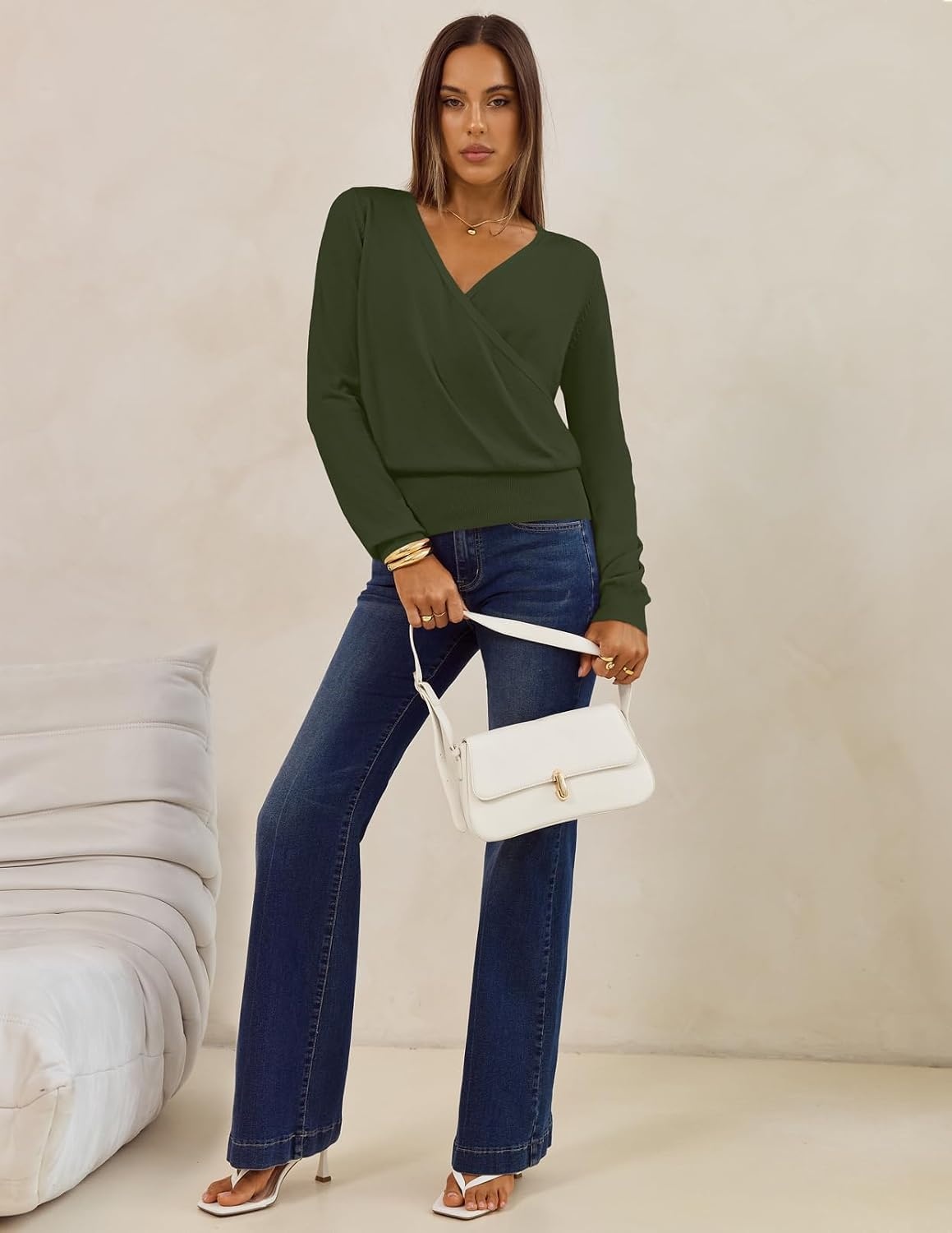 image:imageMEROKEETY 2026 Fall V Neck Wrap Sweaters for Women Knit TopsArmy