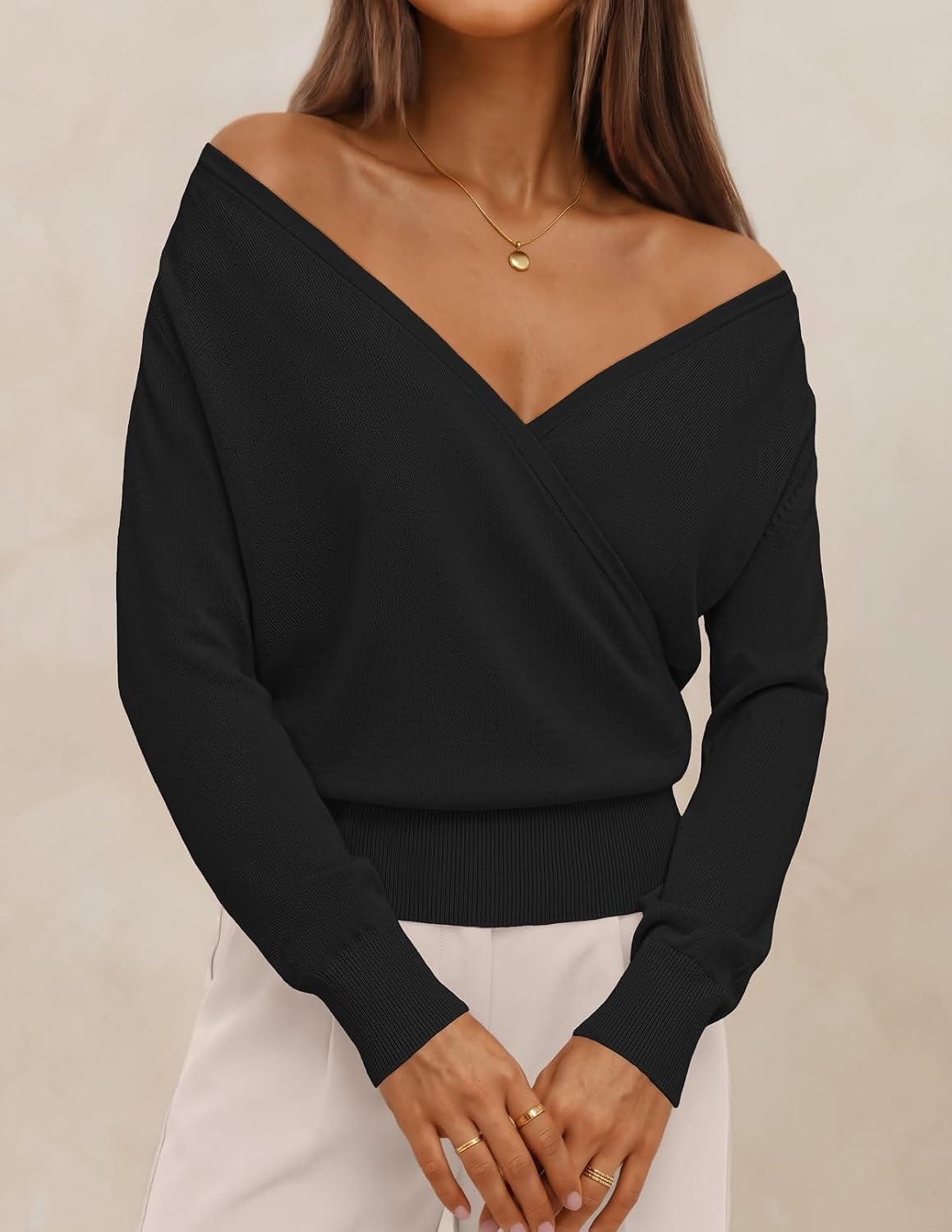 image:imageMEROKEETY 2026 Fall V Neck Wrap Sweaters for Women Knit TopsBlack