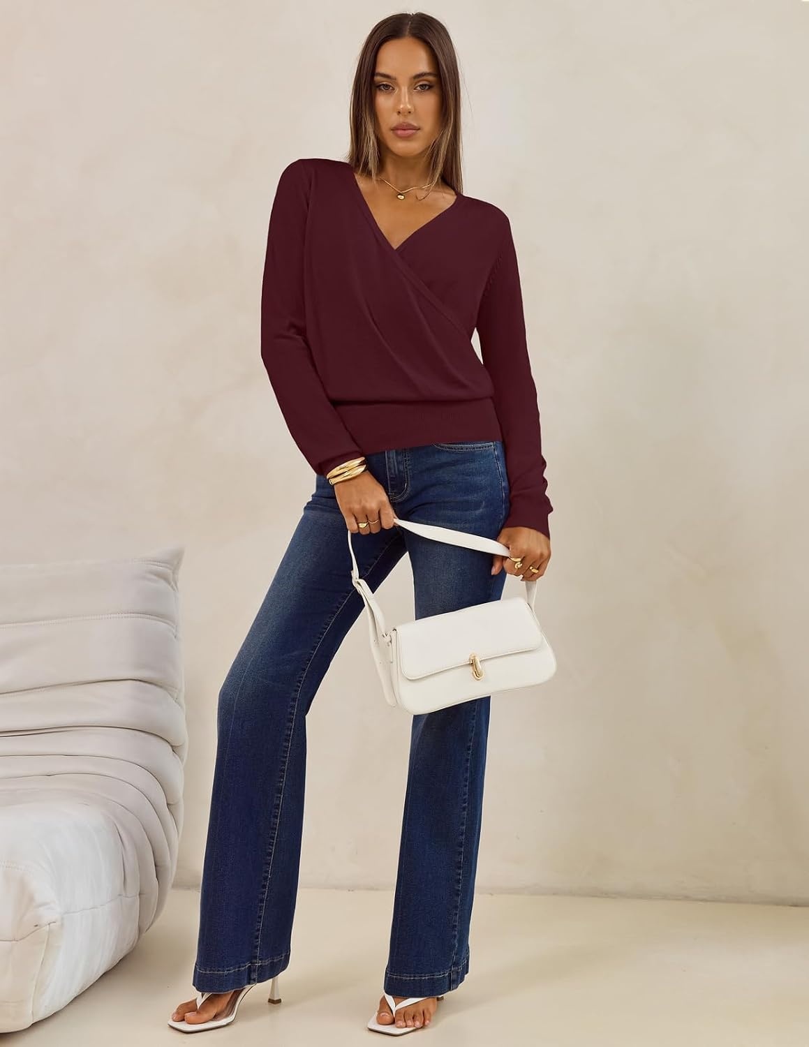image:imageMEROKEETY 2026 Fall V Neck Wrap Sweaters for Women Knit TopsBurgundy