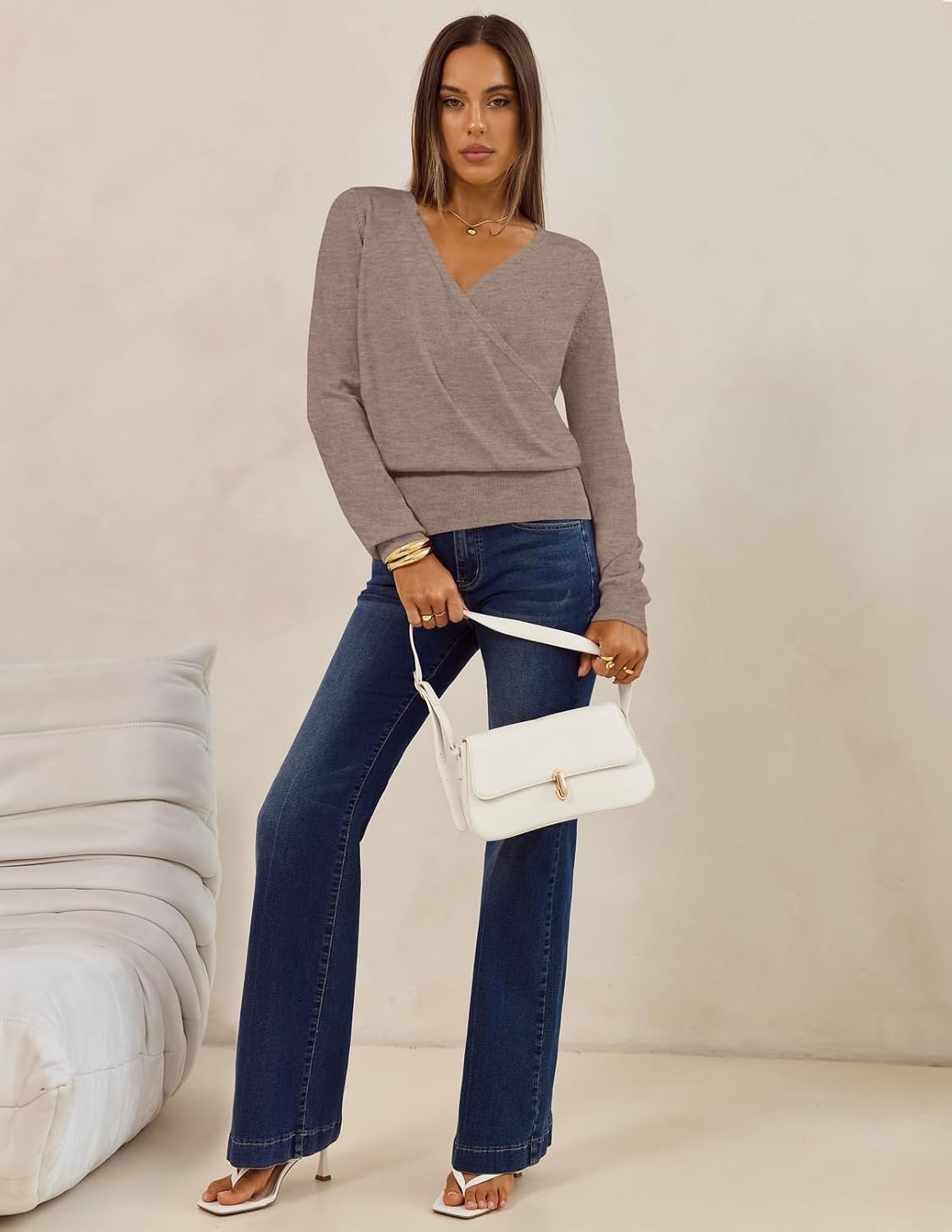 image:imageMEROKEETY 2026 Fall V Neck Wrap Sweaters for Women Knit TopsCamel