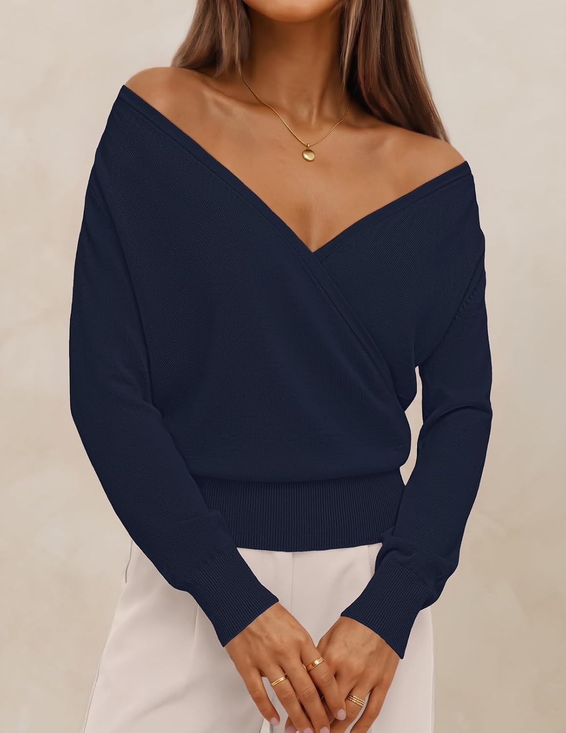 image:imageMEROKEETY 2026 Fall V Neck Wrap Sweaters for Women Knit TopsNavyblue