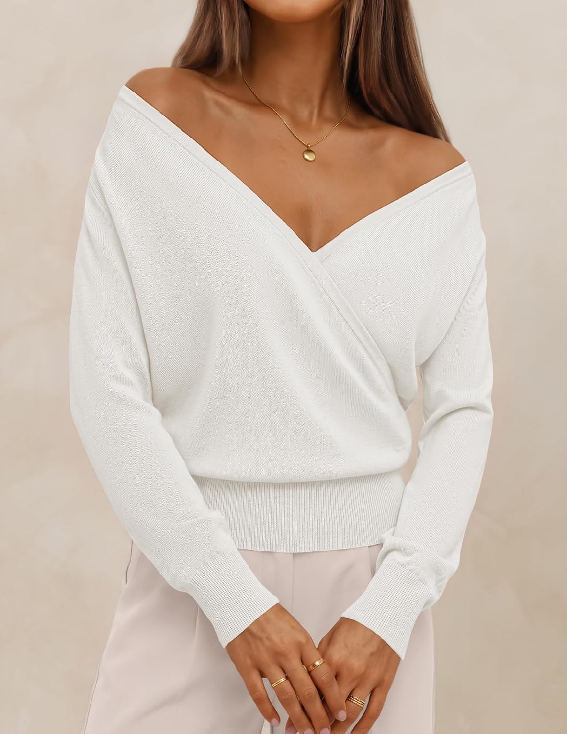 image:imageMEROKEETY 2026 Fall V Neck Wrap Sweaters for Women Knit TopsWhite