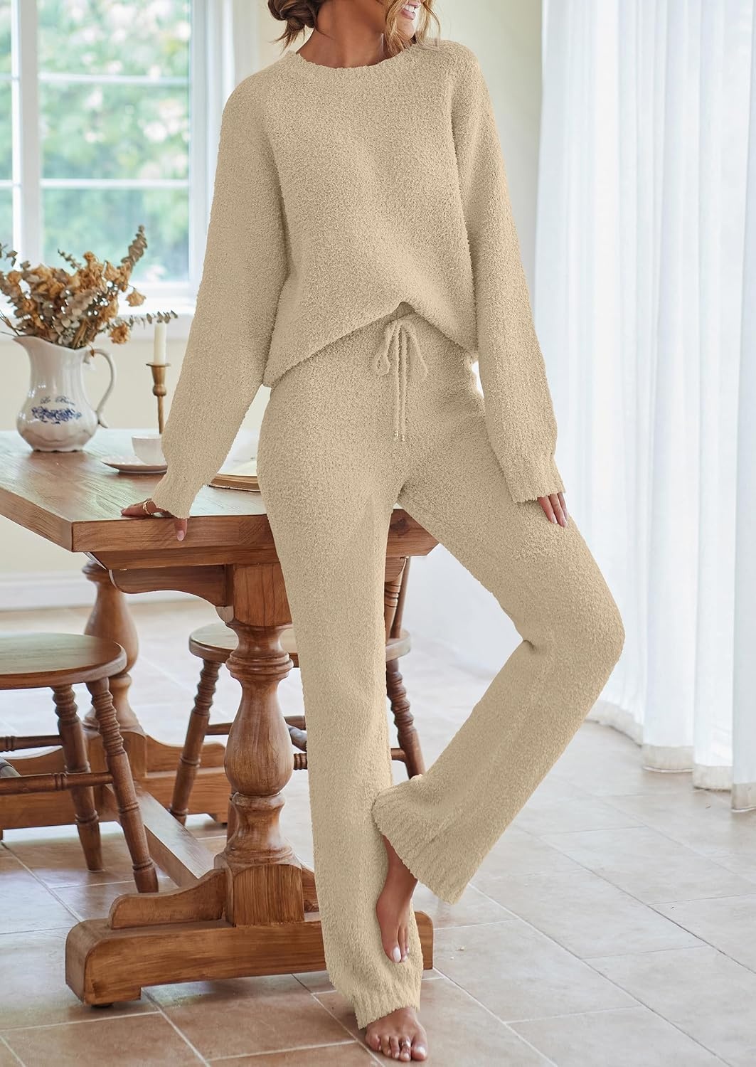 image:imageMEROKEETY Womens Cute Fuzzy Lounge Set Cozy Fall PajamasKhaki