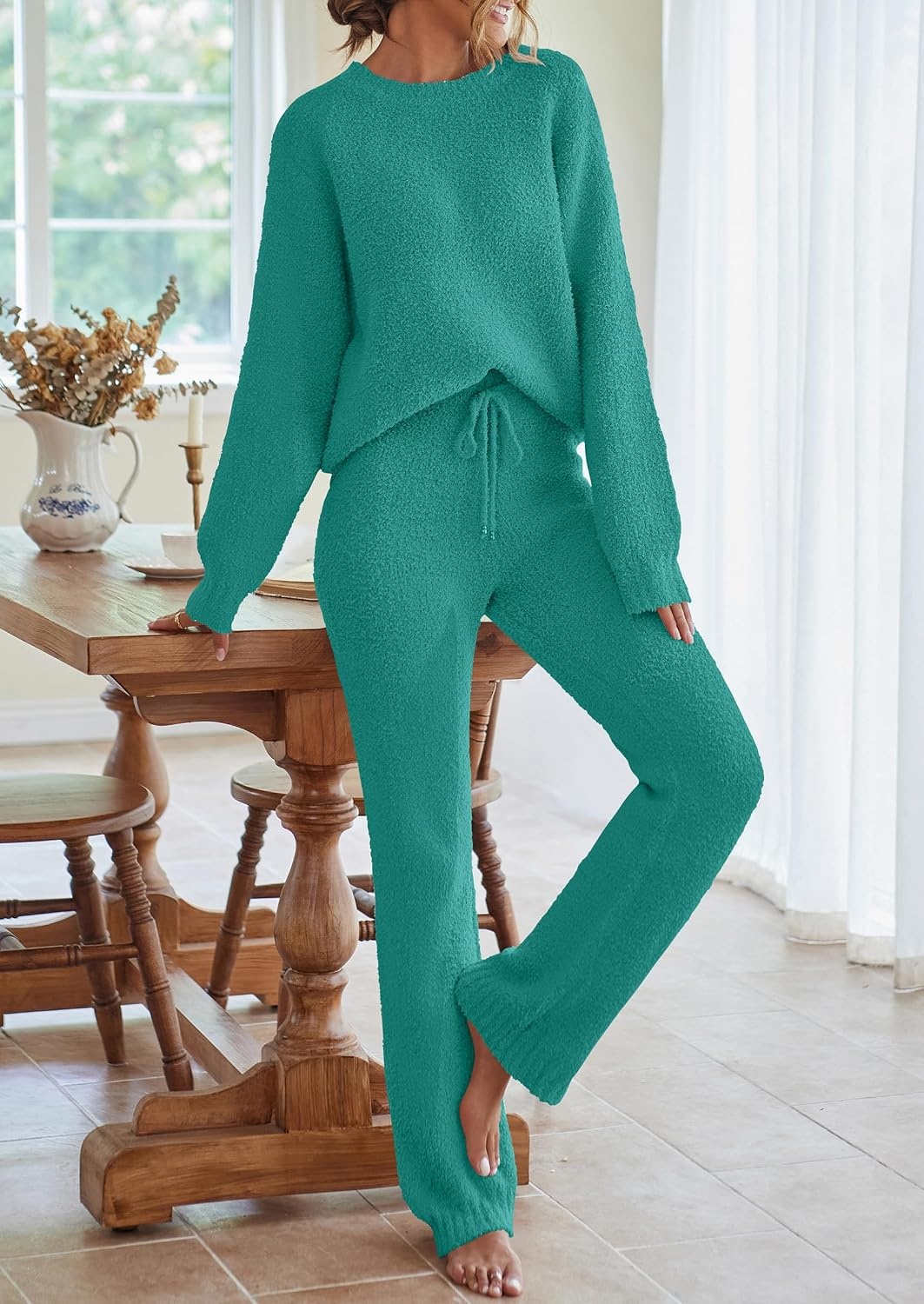 image:imageMEROKEETY Womens Cute Fuzzy Lounge Set Cozy Fall PajamasLakegreen