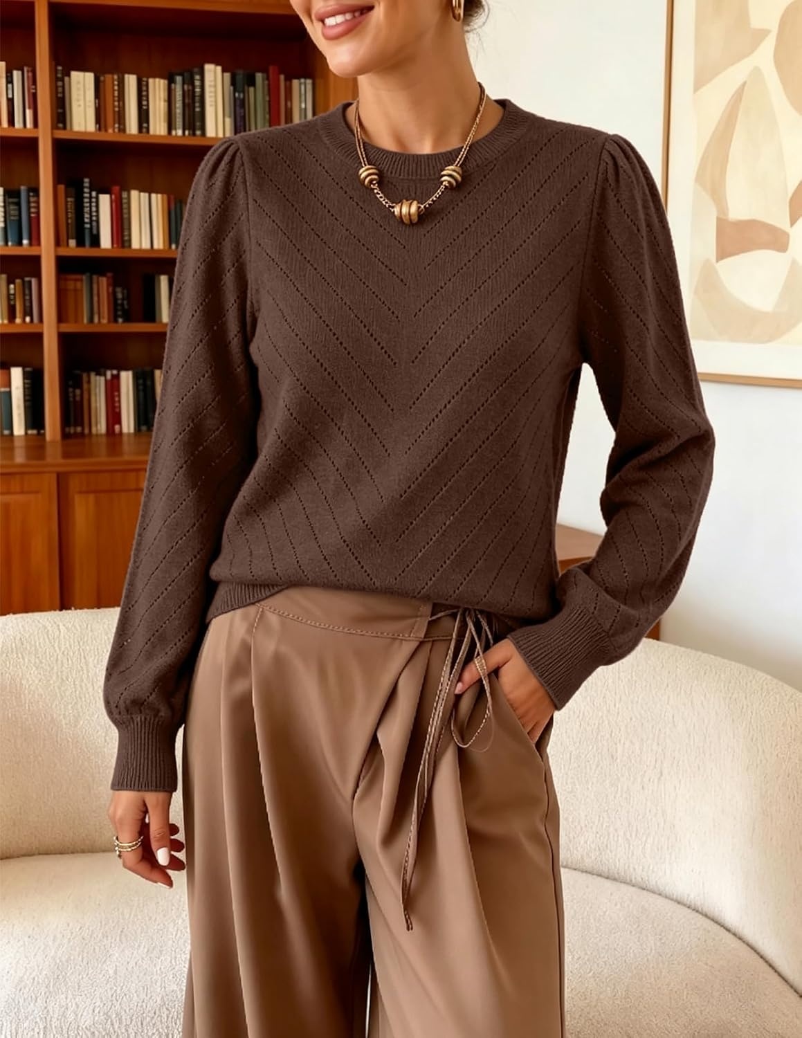 image:imageMEROKEETY Womens Fall Lightweight Sweater Long Sleeve Eyelet Pullover TopsCoffee
