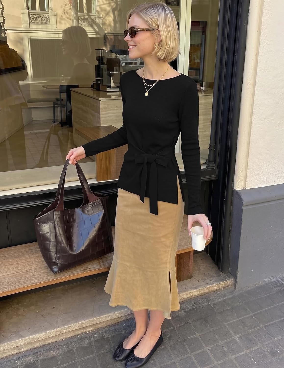 image:imageMEROKEETY Womens Fall Sweaters Trendy 2026 Tie Front Cinched Waist TopsBlack