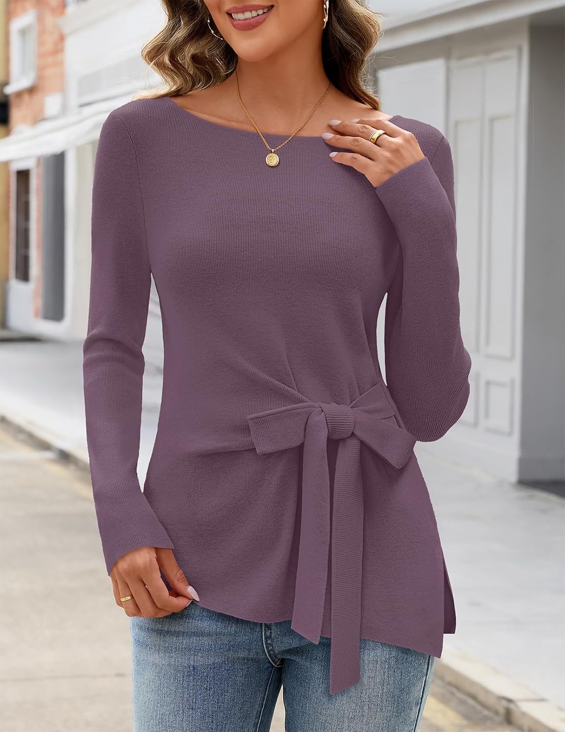 image:imageMEROKEETY Womens Fall Sweaters Trendy 2026 Tie Front Cinched Waist TopsPurple
