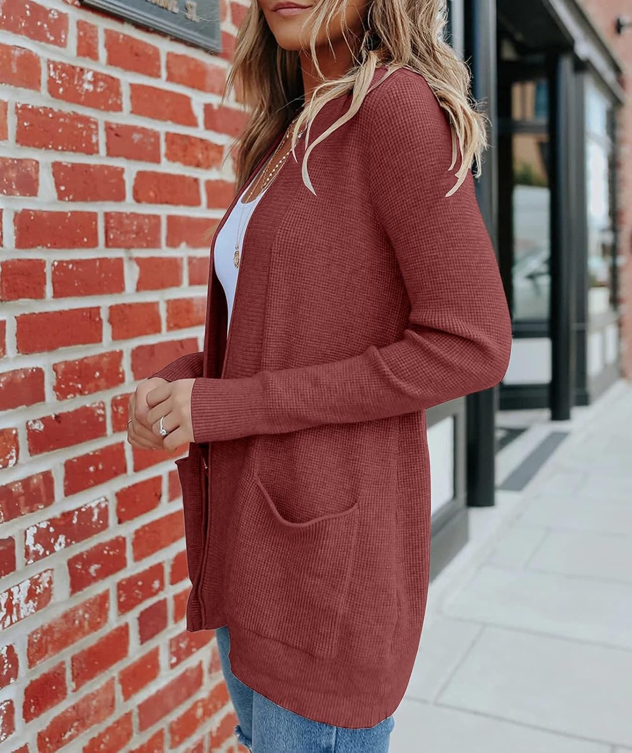 image:imageMEROKEETY Womens Fall Winter Lightweight Cardigans SweaterBrickred