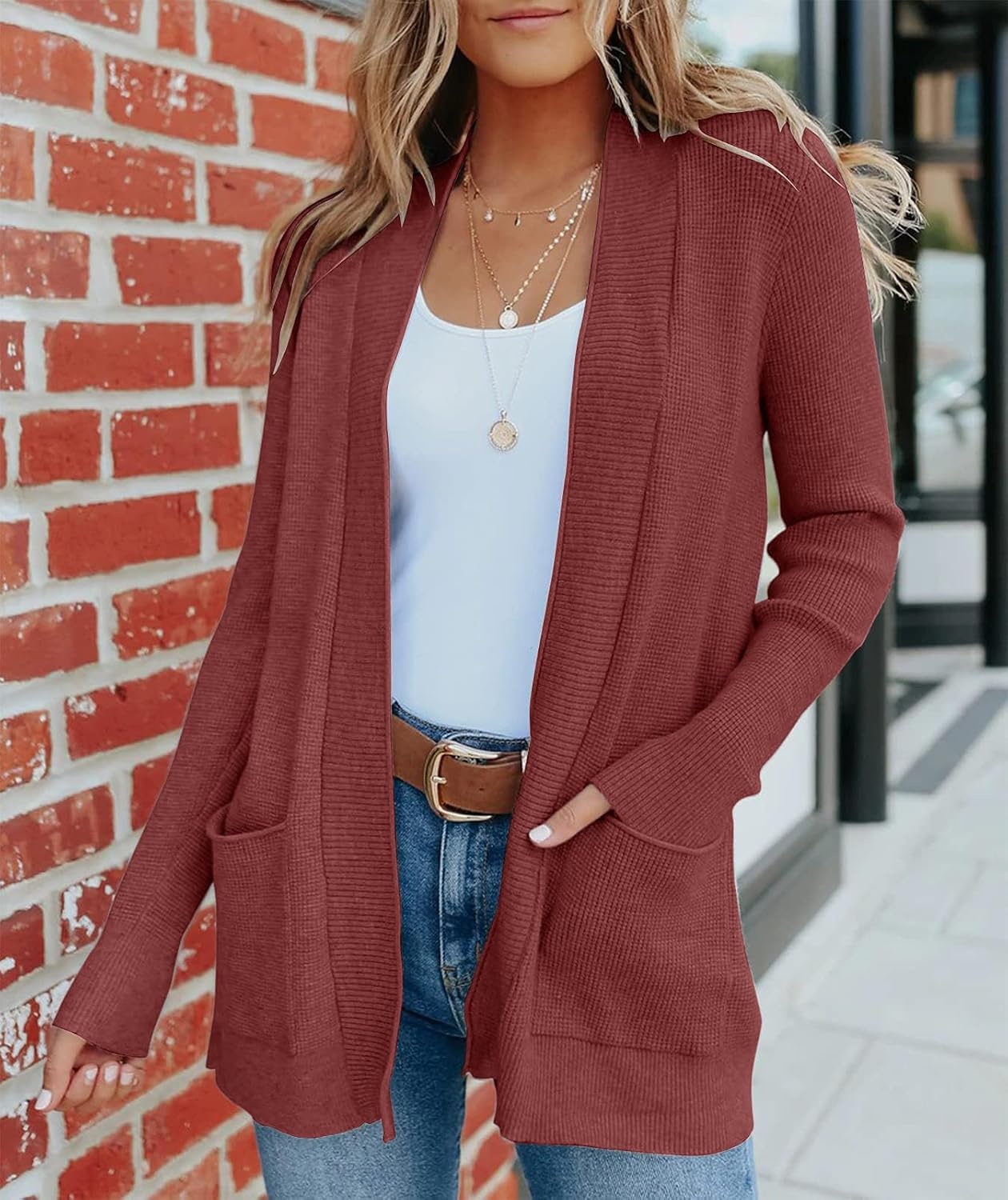 image:imageMEROKEETY Womens Fall Winter Lightweight Cardigans SweaterBrickred