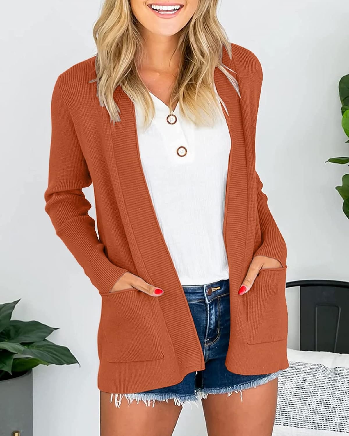 image:imageMEROKEETY Womens Fall Winter Lightweight Cardigans SweaterCaramel