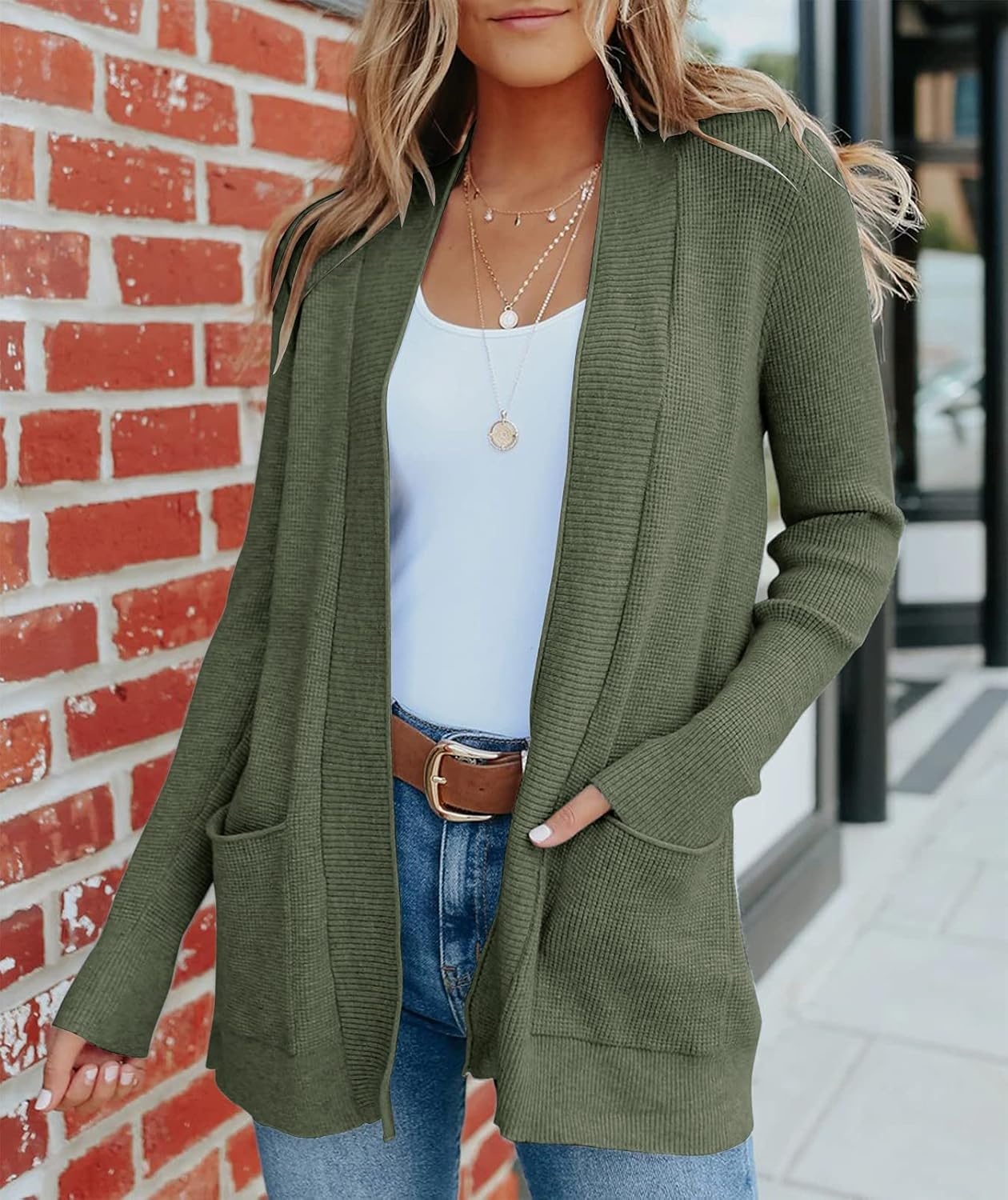 image:imageMEROKEETY Womens Fall Winter Lightweight Cardigans SweaterGreen