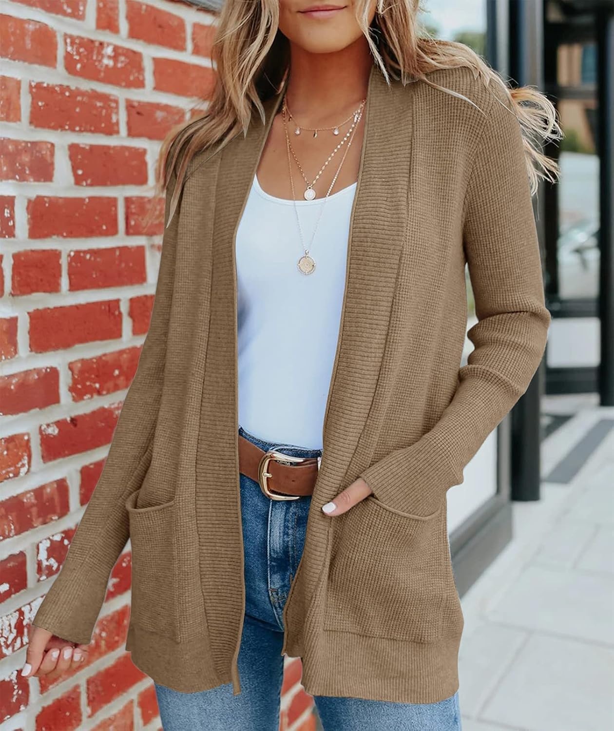 image:imageMEROKEETY Womens Fall Winter Lightweight Cardigans SweaterKhaki