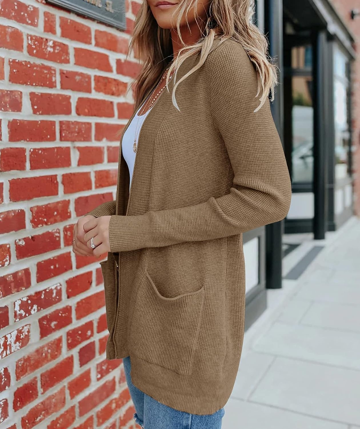 image:imageMEROKEETY Womens Fall Winter Lightweight Cardigans SweaterKhaki