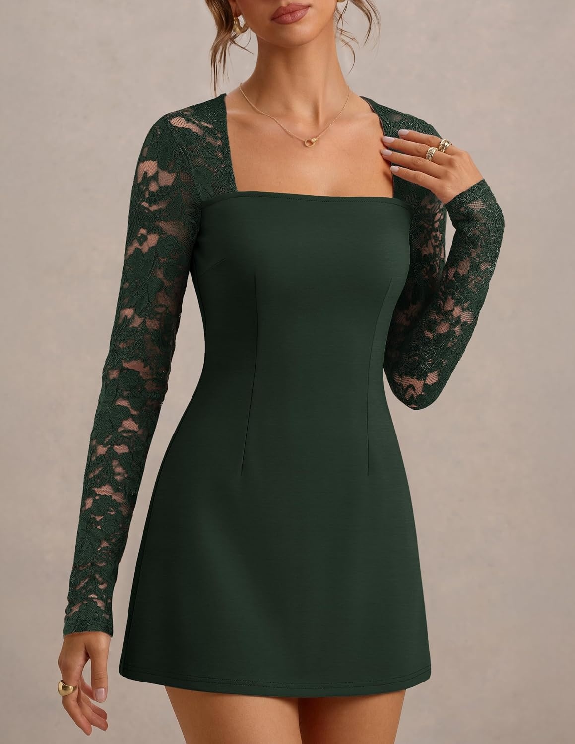 image:imageMEROKEETY Womens Lace Long Sleeve Fall Cocktail Wedding Guest Mini DressDark Green