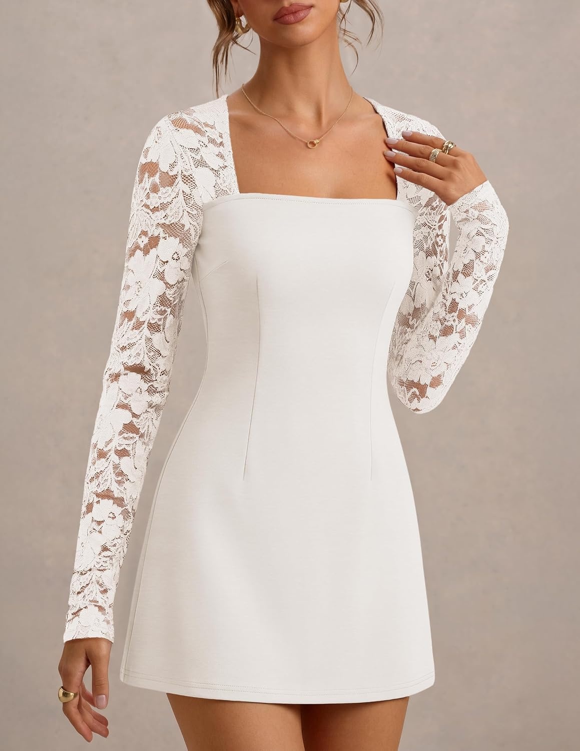 image:imageMEROKEETY Womens Lace Long Sleeve Fall Cocktail Wedding Guest Mini DressWhite