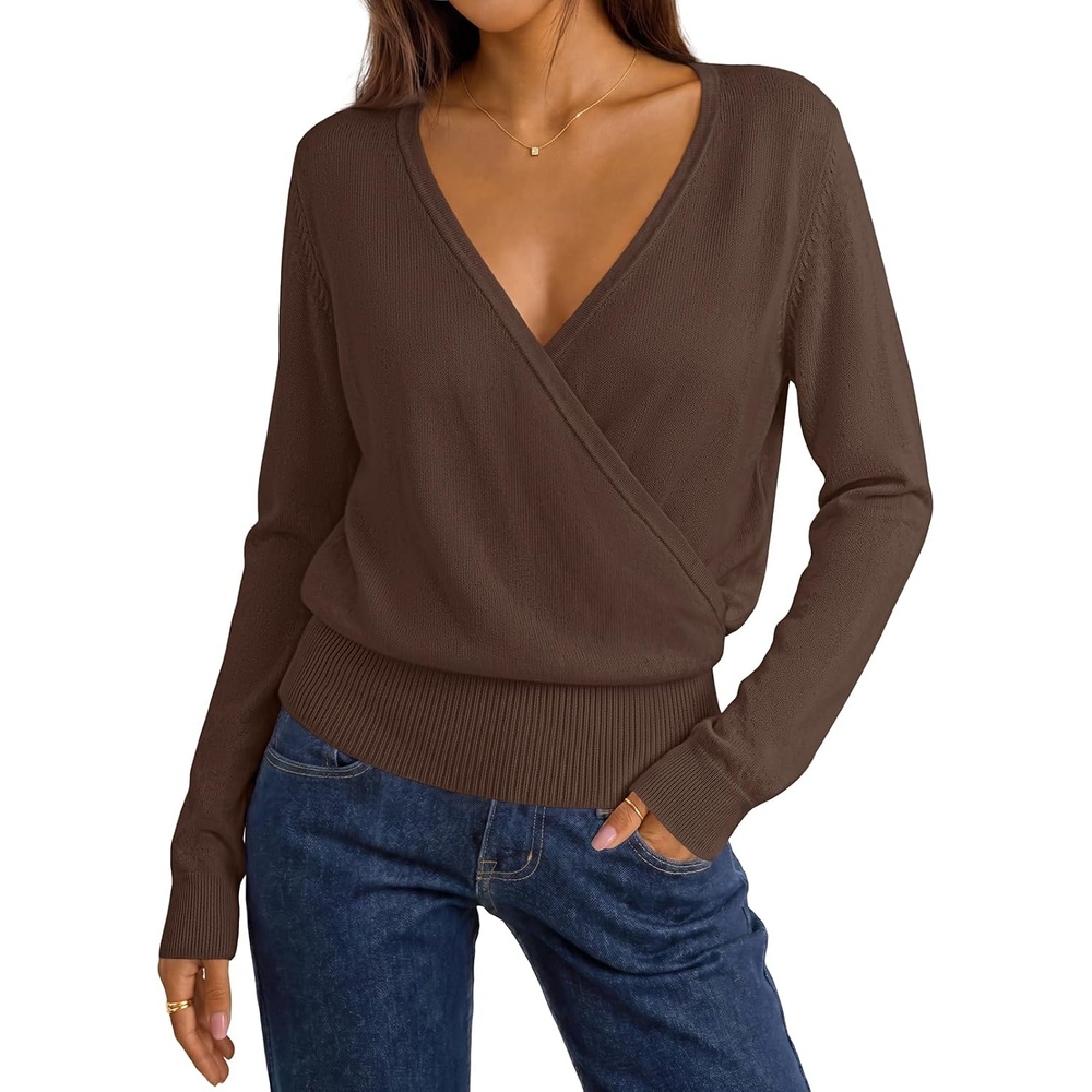 image:imageMEROKEETY 2026 Fall V Neck Wrap Sweaters for Women Knit TopsBrown