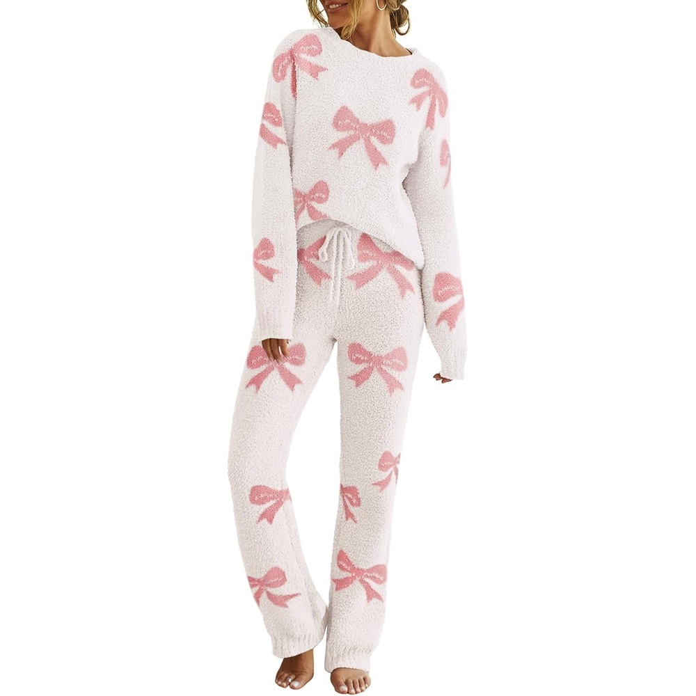 image:imageMEROKEETY Womens Cute Fuzzy Lounge Set Cozy Fall PajamasBowbeige