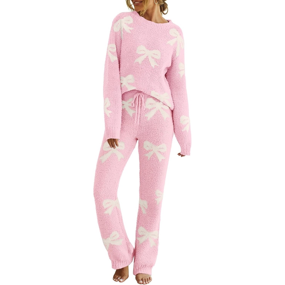image:imageMEROKEETY Womens Cute Fuzzy Lounge Set Cozy Fall PajamasBowpink