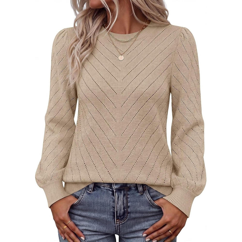 image:imageMEROKEETY Womens Fall Lightweight Sweater Long Sleeve Eyelet Pullover TopsApricot