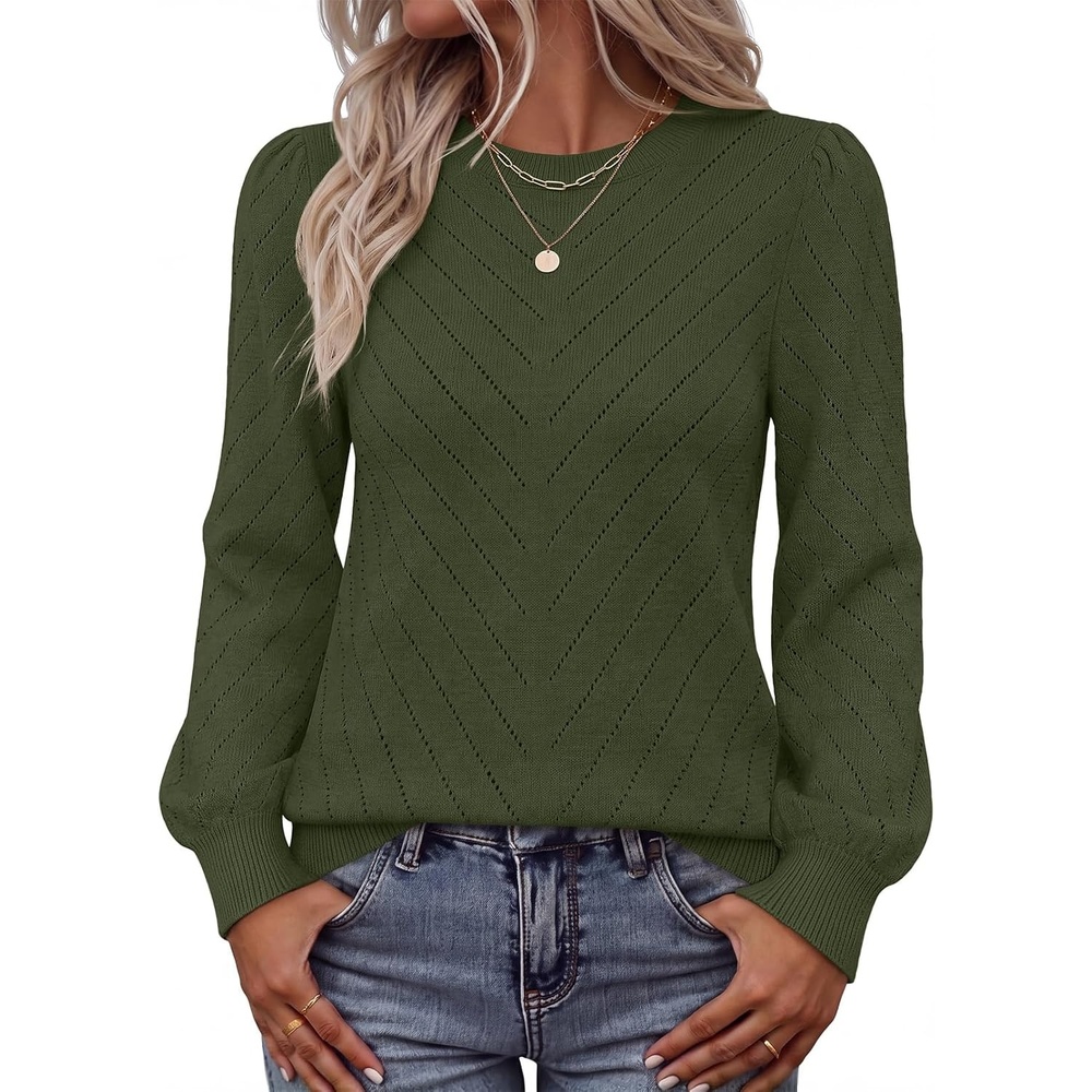 image:imageMEROKEETY Womens Fall Lightweight Sweater Long Sleeve Eyelet Pullover TopsArmy