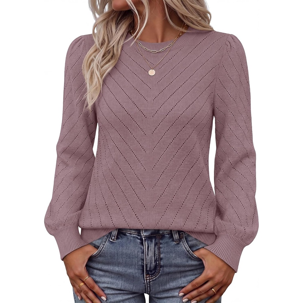 image:imageMEROKEETY Womens Fall Lightweight Sweater Long Sleeve Eyelet Pullover TopsGreypurple