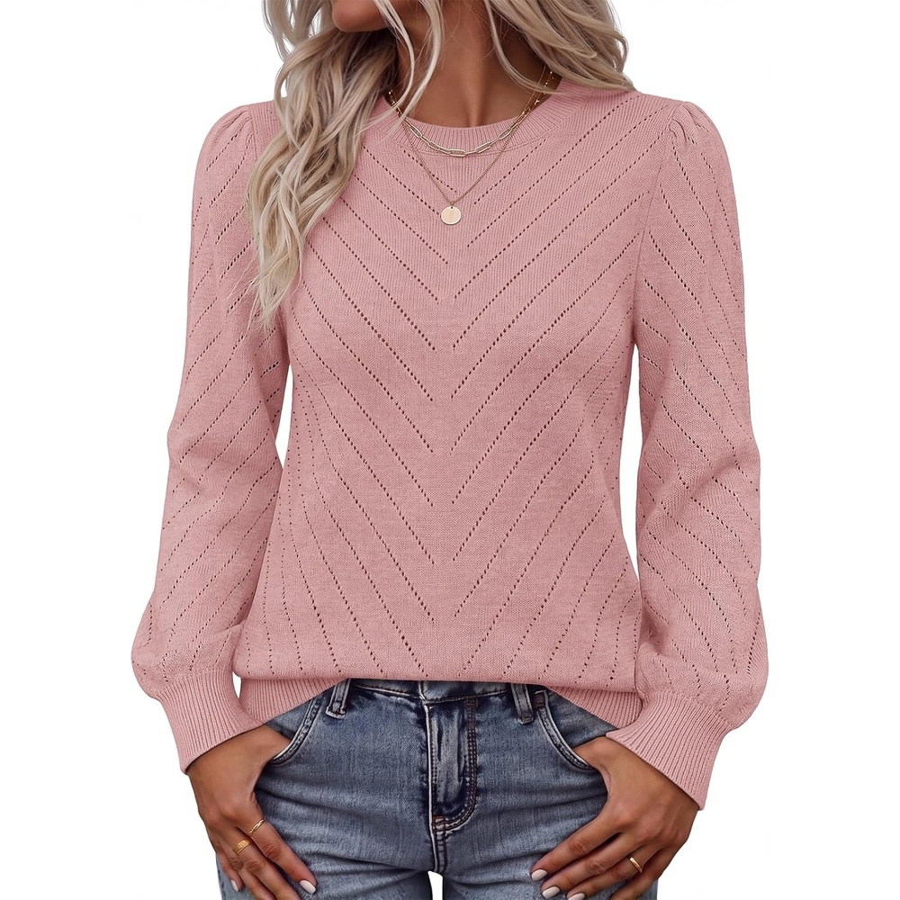 image:imageMEROKEETY Womens Fall Lightweight Sweater Long Sleeve Eyelet Pullover TopsPink