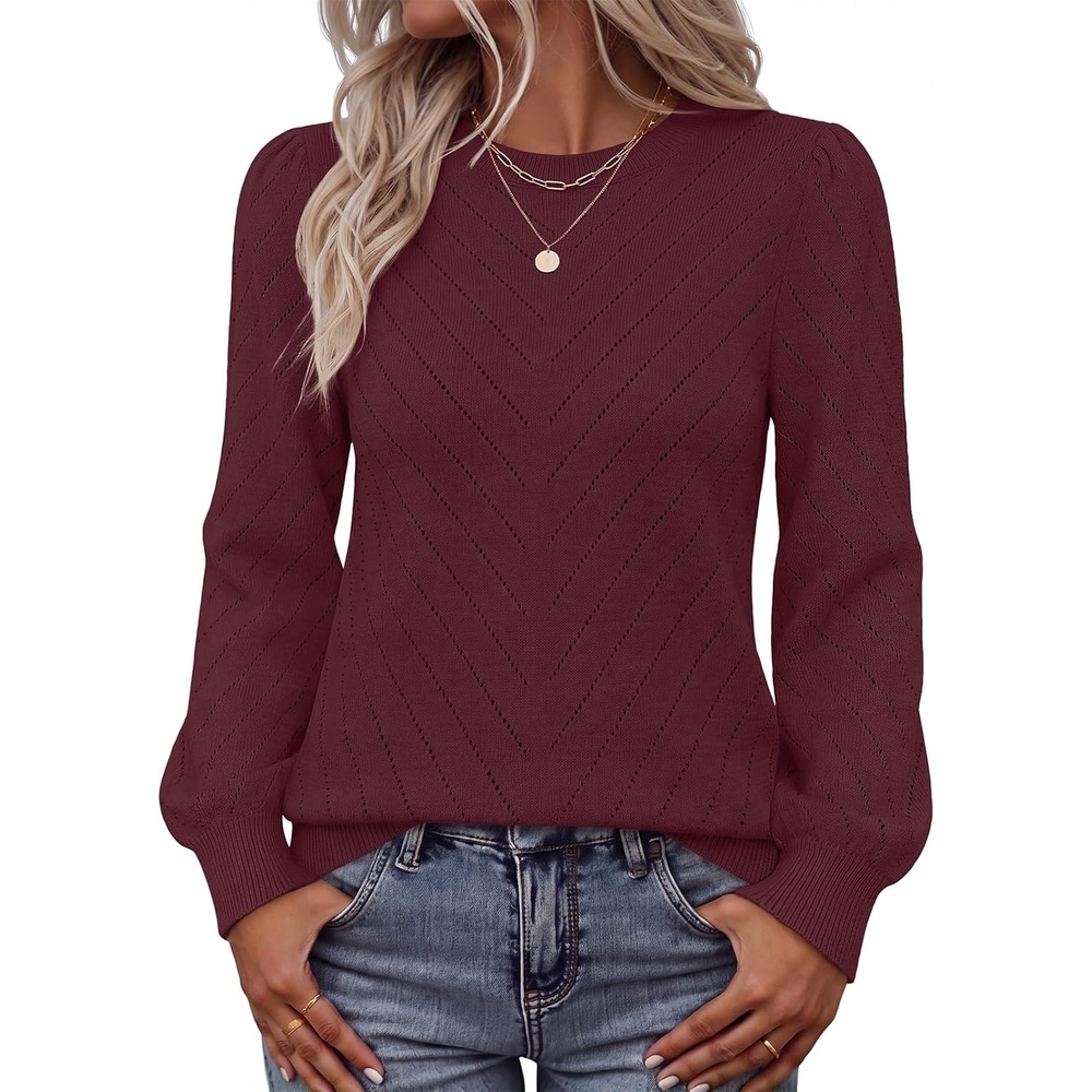 image:imageMEROKEETY Womens Fall Lightweight Sweater Long Sleeve Eyelet Pullover TopsWine