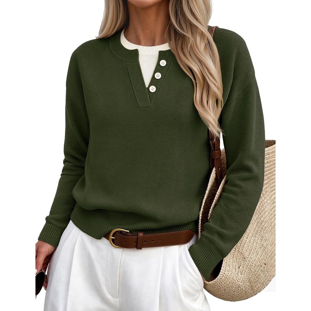 image:imageMEROKEETY Womens Fall Oversized Pullover Sweater Layered Neck Henley TopsArmygreen