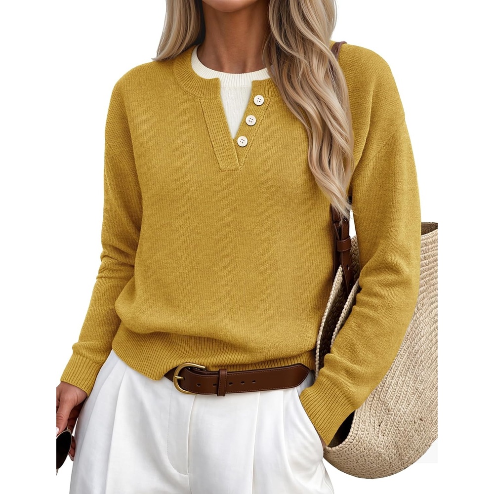 image:imageMEROKEETY Womens Fall Oversized Pullover Sweater Layered Neck Henley TopsTurmeric