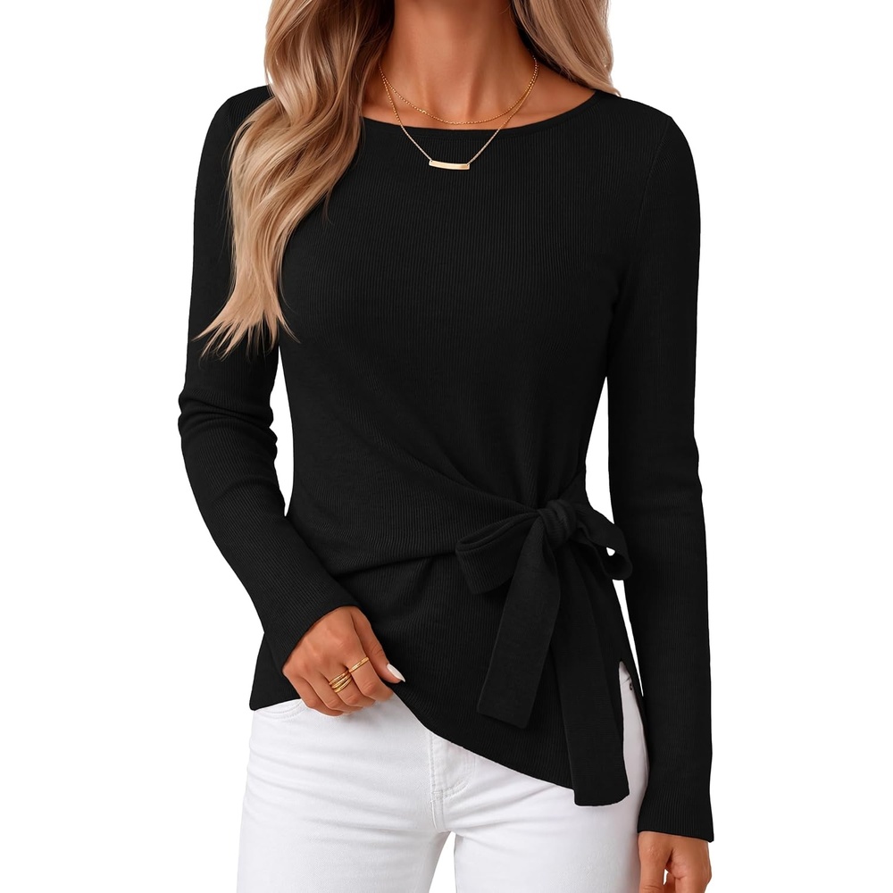image:imageMEROKEETY Womens Fall Sweaters Trendy 2026 Tie Front Cinched Waist TopsBlack