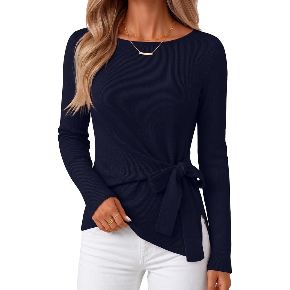 image:imageMEROKEETY Womens Fall Sweaters Trendy 2026 Tie Front Cinched Waist TopsNavy