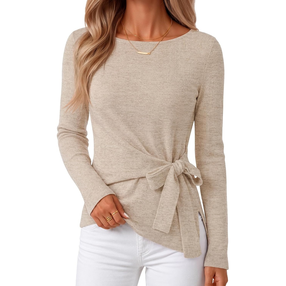 image:imageMEROKEETY Womens Fall Sweaters Trendy 2026 Tie Front Cinched Waist TopsOatmeal
