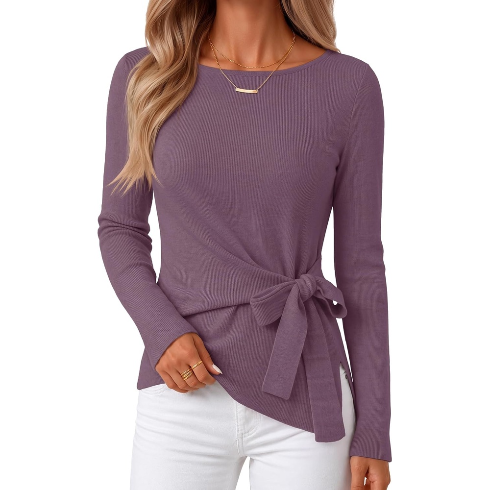 image:imageMEROKEETY Womens Fall Sweaters Trendy 2026 Tie Front Cinched Waist TopsPurple