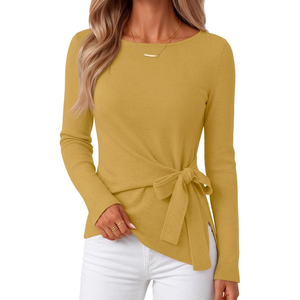 image:imageMEROKEETY Womens Fall Sweaters Trendy 2026 Tie Front Cinched Waist TopsTurmeric