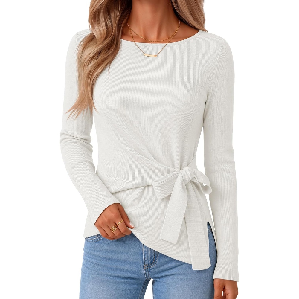 image:imageMEROKEETY Womens Fall Sweaters Trendy 2026 Tie Front Cinched Waist TopsWhite