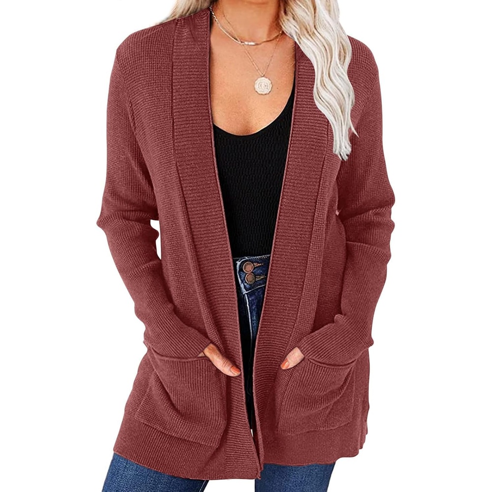 image:imageMEROKEETY Womens Fall Winter Lightweight Cardigans SweaterBrickred
