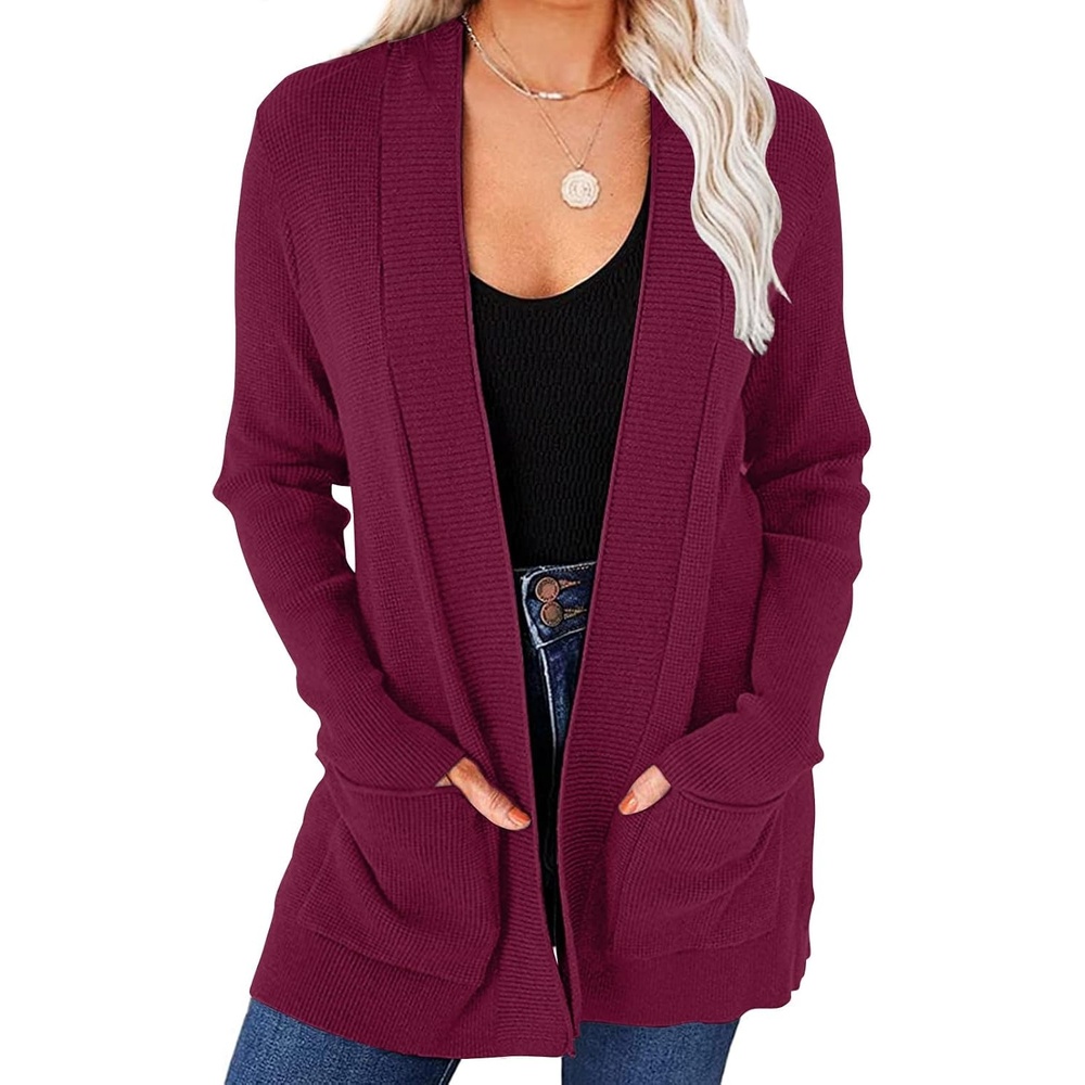 image:imageMEROKEETY Womens Fall Winter Lightweight Cardigans SweaterBurgundy