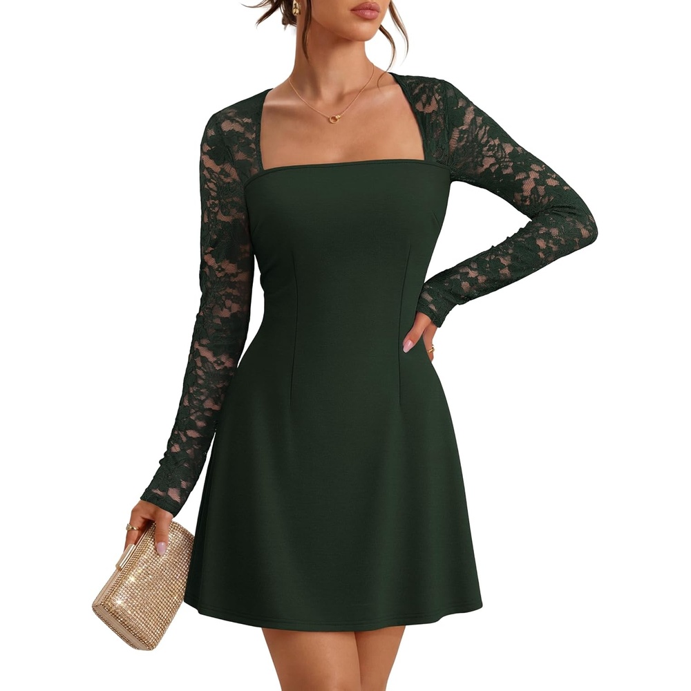 image:imageMEROKEETY Womens Lace Long Sleeve Fall Cocktail Wedding Guest Mini DressDark Green