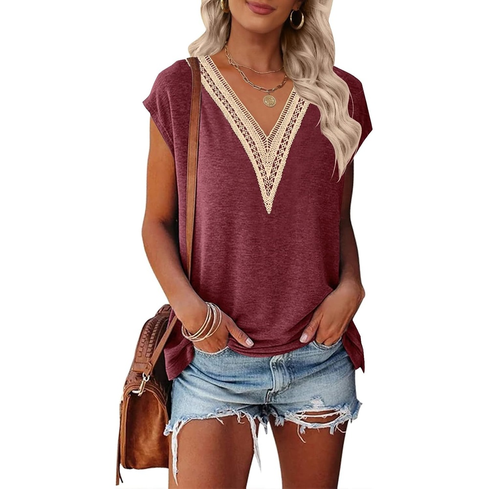image:imageMEROKEETY Womens Summer Boho Cap Sleeve Lace Trim V Neck TopsWine