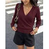 MEROKEETY 2026 Fall V Neck Wrap Sweaters for Women Knit Tops(Burgundy)