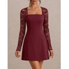 MEROKEETY Womens Lace Long Sleeve Fall Cocktail Wedding Guest Mini Dress(Wine)