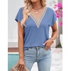 MEROKEETY Womens Summer Boho Cap Sleeve Lace Trim V Neck Tops(Blue)
