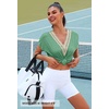 MEROKEETY Womens Summer Boho Cap Sleeve Lace Trim V Neck Tops(Green)
