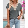 MEROKEETY Womens Summer Boho Cap Sleeve Lace Trim V Neck Tops(Grey)