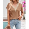 MEROKEETY Womens Summer Boho Cap Sleeve Lace Trim V Neck Tops(Khaki)