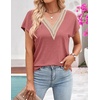 MEROKEETY Womens Summer Boho Cap Sleeve Lace Trim V Neck Tops(Pink)